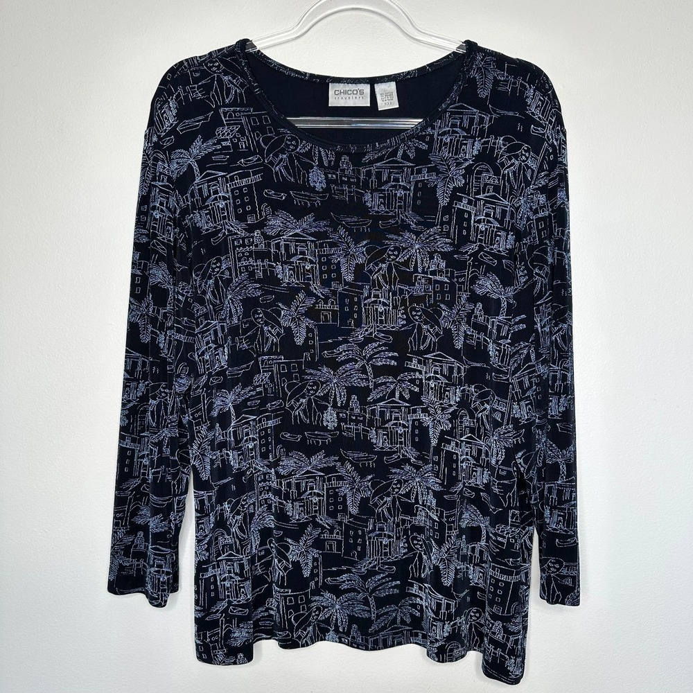 Vtg Chicos‎ Travelers Top Blue Tropical Palm Trees Print Liquid Knit Large